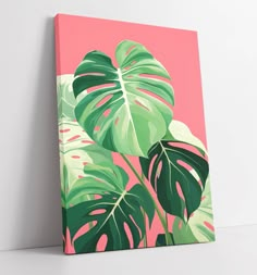 a pink and green painting with monster leaves on it