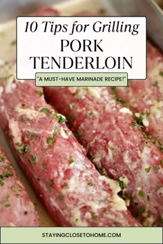 steaks with parsley on top and text overlay saying 10 tips for grilling pork tenderion