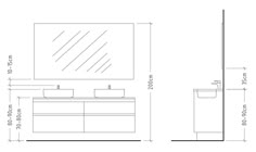 a drawing of a bathroom with two sinks and a toilet in the center, along with measurements