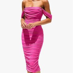 Pink Ruched Form Fitting Dress Never Used New With Tags Ruched Draped Midi Dress For Cocktail, Pink Ruched Bodycon Dress For Evening, Fitted Pink Dress With Folds, Fitted Pink Dresses With Folds, Pink Strapless Ruched Midi Dress, Spring Evening Ruched Bodycon Dress, Pink Draped Midi Dress, Pink Ruched Bodycon Dress For Date Night, Fitted Draped Dress For Brunch