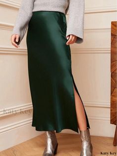 Silk Elastic Waist Side-Slit Midi Skirt Green Maxi Skirt, Umbrella Skirt, Green Satin, Green Skirt, Types Of Skirts, Skirt Outfits, Olivia Mark, Two Piece Skirt, Dark Green