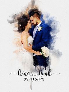 an artistic wedding photo with the couple in blue and white, on a watercolor background