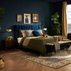 a bed room with a neatly made bed next to a large window and a rug on the floor