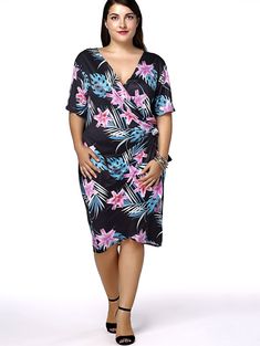 Plus Size Dresses | Fashionable Slimming V-Neck Floral Print Plus Size Dress For Women #summer #fashion #floral #dress #plussize Black Plus Size Dress, Plus Size Dresses For Women, Wrap Dress Short, Plus Size Summer Outfits, Plus Size Summer Outfit, Men Hats, Slim Dresses, Jewelry Women