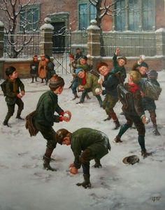 a painting of people playing in the snow