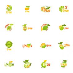 the logos for lemon, lemonade and orange juices are shown in different colors