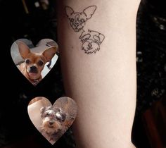 a small dog and cat tattoo on the left side of a woman's leg