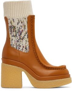 Ankle-high paneled buffed calfskin and rib knit cashmere-blend boots in tan and beige. · Round moc toe · Scalloped trim at vamp · Marled gusset at sides · Calfskin lining · Crepe rubber platform midsole in beige · Crepe rubber block heel · Textured rubber outsole · Platform: H1.25 in · Heel: H3 in Supplier color: Luminous Ochre Mustard Color Boots, Chunky Boots Outfit, Chloe Boots, 80s Costume, Bohemian Style Clothing, Boots Platform, Heels Outfits, Sock Boots, Heels Classy