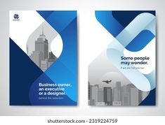 two business brochures with blue and white shapes