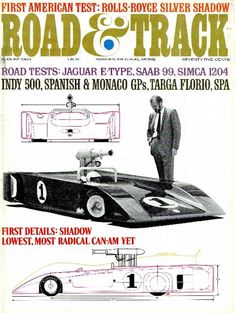 an advertisement for the road and track race car, with a man standing next to it