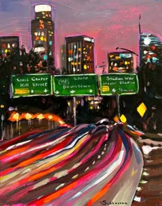 California Acrylic Painting, Los Angeles Painting Ideas, Things To Paint With Oil Paint, Room Poster Inspiration, Painting Ideas City, Art Inspiration Painting Acrylics, Freeway At Night, Acrylic Paint Art Ideas, Street Light Painting