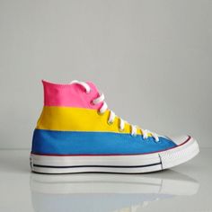 Custom hand painted rainbow shoes. Pansexual flag shoes. Acrylic paint on canvas non-brand shoes or Converse. Every size is possible. I use US size chart! Shoes are hand painted using High grade acrylic paint. I use a special textile paint designed to be flexible on fabric. The paint is water proof and fade proof. Prices depends on what model of shoes you will choose. Let me know the style and your shoe size upon ordering as well as what you want painted on them, and feel free to send me any ske Pride Converse Tops, Hand Painted Multicolor Fun Sneakers, Fun Multicolor Hand Painted Sneakers, Boty Converse, Pride Shoes, Pansexual Flag, Converse Custom, Rainbow Shoes, Painted Rainbow