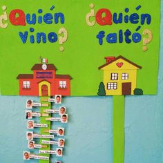 a bulletin board with pictures on it and words written in spanish above the boards is a house