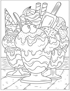 an ice cream sundae with toppings in it on a tile floor coloring page