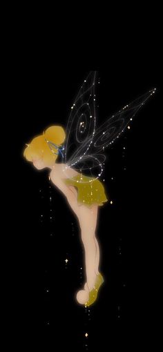 a fairy with yellow and black wings flying through the night sky in front of stars