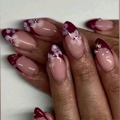 Burgundy Korean Nails, Dark Red Nails With Flowers, Dark Red And Pink Nails, Dark Red Design Nails, Burgundy Design Nails, Chrome Floral Nails, Maroon Flower Nails, Spanish Inspired Nails, Christmas Blooming Gel Nails