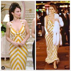 two pictures of the same woman in different dresses, one is wearing a white and yellow dress