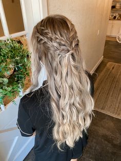 Curled Hair And Braids Hairstyles, Curled Hairstyles For Prom With Braid, Curl And Braid Hairstyles, Half Up Braid With Curls, Prom Hair Braids And Curls, Ring Dance Hairstyles, Prom Hairstyles Braid Crown, Hoco Hairstyles With Braids, Prom Braid Hairstyles For Long Hair