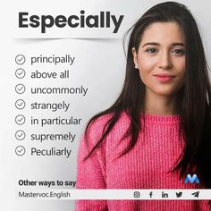 a woman with long dark hair wearing a pink sweater and standing in front of a white background