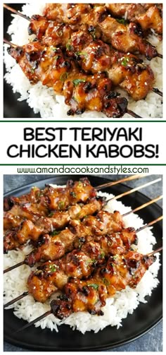 teriyaki chicken skewers on top of white rice