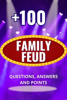 the words family fud are in front of spotlights on stage with purple lighting