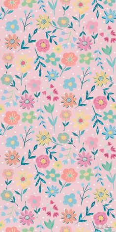 a pink background with colorful flowers and dots