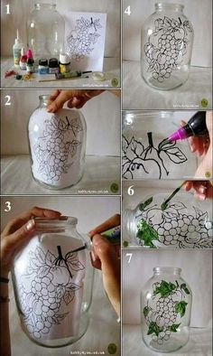 Painting Glass Jars, Glass Painting Patterns, Hand Painted Bottles, Glass Painting Designs, Diy Jar Crafts