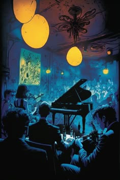 a group of people sitting at a table in front of a piano