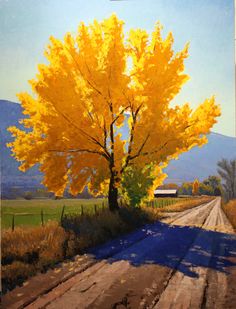 an oil painting of a yellow tree on a dirt road