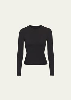 SKIMS Fits Everybody Long-Sleeve Crewneck T-Shirt Versatile Black Second-skin Tops, Compressive Seamless Top For Layering, Seamless Compressive Tops For Layering, Long Sleeve Tops With Seamless Construction For Fall, Sleek Fitted Long Sleeve Top, Versatile Second-skin Fit Top, Stretch Long Sleeve T-shirt With Thumbholes, Long Sleeve Tops With Thumbholes, Long Sleeve Tops With Thumbholes And Minimal Stretch