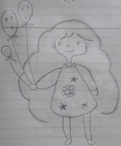 a drawing of a girl holding balloons in one hand and a star on the other