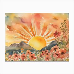 a watercolor painting of the sun setting over mountains with flowers in front of it