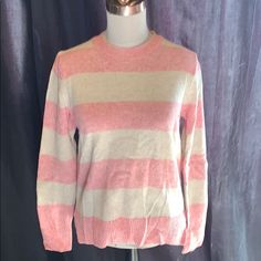 Never Worn. Has Been Sitting In The Closet. Size: S Color: Pink And Off White Stripe Tag: Lambswool Measurement Arm Pit To Wrist: 17” Measurement: Arm Pit To Bottom Seam: 15”” Split Bottom Seam Detail. * 2 Small Holes. Please View Photos Carefully. Offers Welcome Pink Long Sleeve College Sweater, Pink And White Stripe Sweater, Pastel Striped Sweater, Pink Patchwork Crew Neck Sweater, Black And Pink Striped Sweater, Pink Striped Sweater, White Striped Sweater, Closet Size, Preppy Clothes