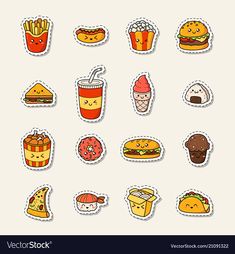 stickers with different types of food and drinks on them, all in various shapes