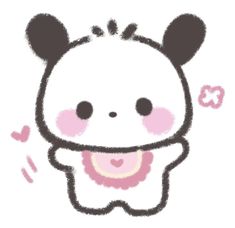 a drawing of a panda bear with pink cheeks and black ears, holding a heart