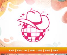 a cowboy hat on top of a disco ball in the middle of a colorful background