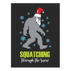 a bigfoot wearing a santa hat and snowflakes