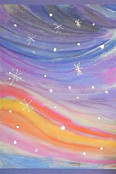 a painting with snow flakes and stars in the sky on purple, blue, pink, yellow and white colors