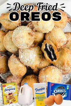 the ingredients for deep fried oreos are displayed on a white plate with text overlay