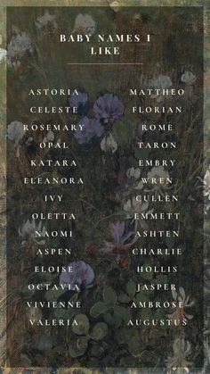 the names of baby names i like are displayed in front of an ornate frame with flowers and leaves