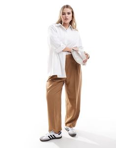 ASOS DESIGN Curve tailored barrel leg pants in brown | ASOS Oversized Straight Leg Bottoms For Workwear, Oversized Wide Leg Pants For Fall Workwear, Brown Baggy Wide Leg Pants For Work, Oversized Wide Leg Straight Pants For Work, Business Casual Brown Wide Leg Pants With Pockets, Brown Wide Leg Pants With Pockets For Office, Brown Wide Leg Pants With Pockets For Business Casual, Brown Relaxed Fit Wide Leg Work Pants, Brown Relaxed Fit Wide Leg Pants For Work