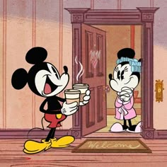 mickey and minnie drinking coffee together in front of a door with the word welcome on it