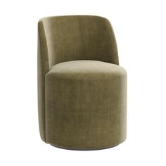 an olive green chair with a curved back and foot rests on a white surface, facing the camera