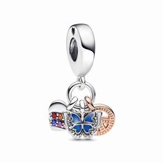 Bring extra meaning to your styling with our Two-tone Rainbow Heart, Butterfly & Peace Triple Dangle Charm. This triple dangle charm features a sterling silver heart set with two rows of rainbow pavé and engraved with "L<3ve" on the back; a sterling silver butterfly shaded with hand-applied blue enamel and engraved with "Freedom" on the back; and a 14k rose gold-plated peace sign detailed with microbeads and a stone at its centre and engraved with "Peace" on the back. Wear it as an everyday reminder of your values. Pandora Heart, Heart Butterfly, Charms Pandora, Bracelet Pandora, Turtle Charm, Pandora Bracelet Charms, Pandora Charm, Rainbow Heart, Pandora Bracelets