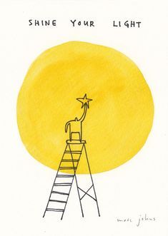 a drawing of a man on a ladder reaching up to the sun with his hand