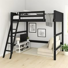 there is a loft bed with a desk and chair in the room next to it