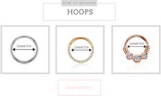 three different types of hoops with the words hoopers and diamonds on them in gold, silver, or rose gold