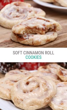 cinnamon roll cookies on a white plate with the words soft cinnamon roll cookies above them