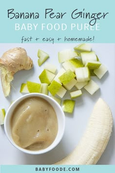 baby food puree in a bowl next to sliced bananas and ginger