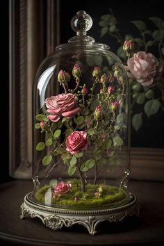 a glass clochel with pink roses in it and moss on the ground underneath